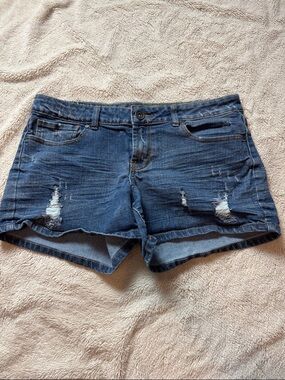 Red Rivet Medium Blue Distressed Denim Shorts